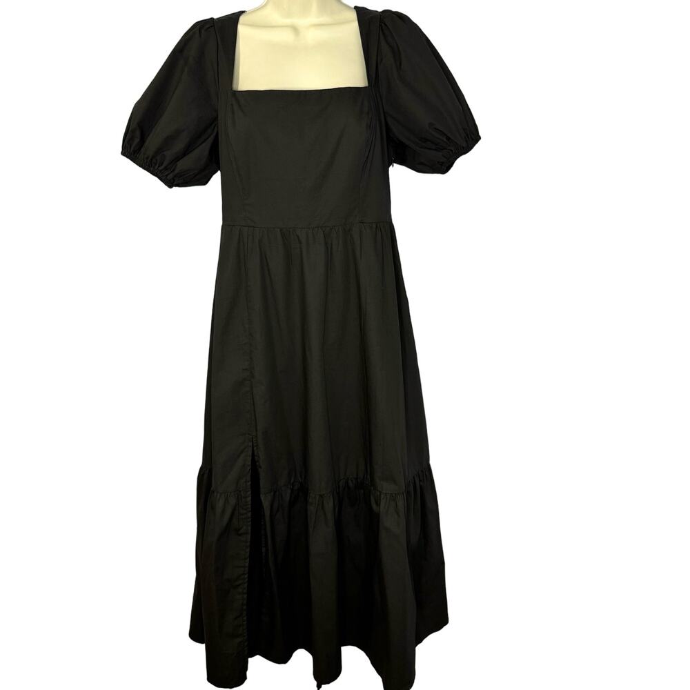 ASTR the Label Poplin Puff Sleeve Tiered Midi Dress Black Staple Minimalist Sz M - Picture 2 of 13